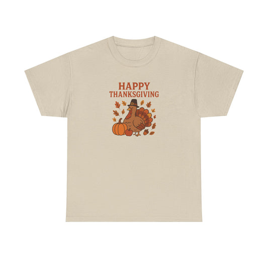 Thanksgiving Turkey T‑Shirt — "Happy Thanksgiving" Fall Pumpkin & Leaves Tee