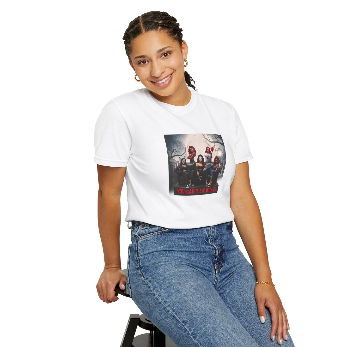 "You Can't Sit With Us"- Unisex Garment-Dyed T-shirt - Spooky Theme, Cozy Vibes, Perfect for Halloween, Movie Nights, Gifts, Casual Wear