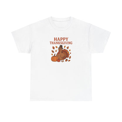Thanksgiving Turkey T‑Shirt — "Happy Thanksgiving" Fall Pumpkin & Leaves Tee