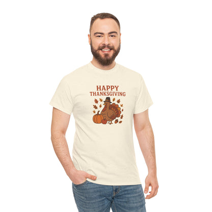 Thanksgiving Turkey T‑Shirt — "Happy Thanksgiving" Fall Pumpkin & Leaves Tee