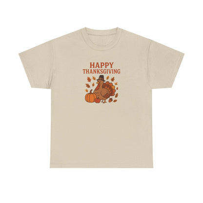 Thanksgiving Turkey T‑Shirt — "Happy Thanksgiving" Fall Pumpkin & Leaves Tee