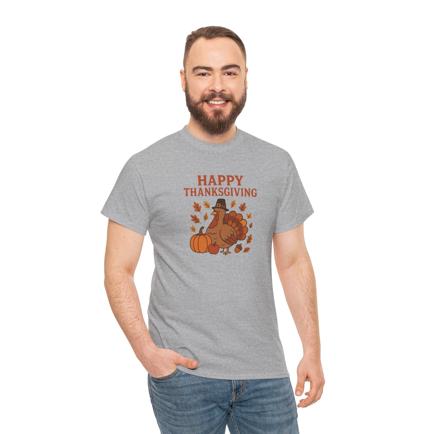 Thanksgiving Turkey T‑Shirt — "Happy Thanksgiving" Fall Pumpkin & Leaves Tee