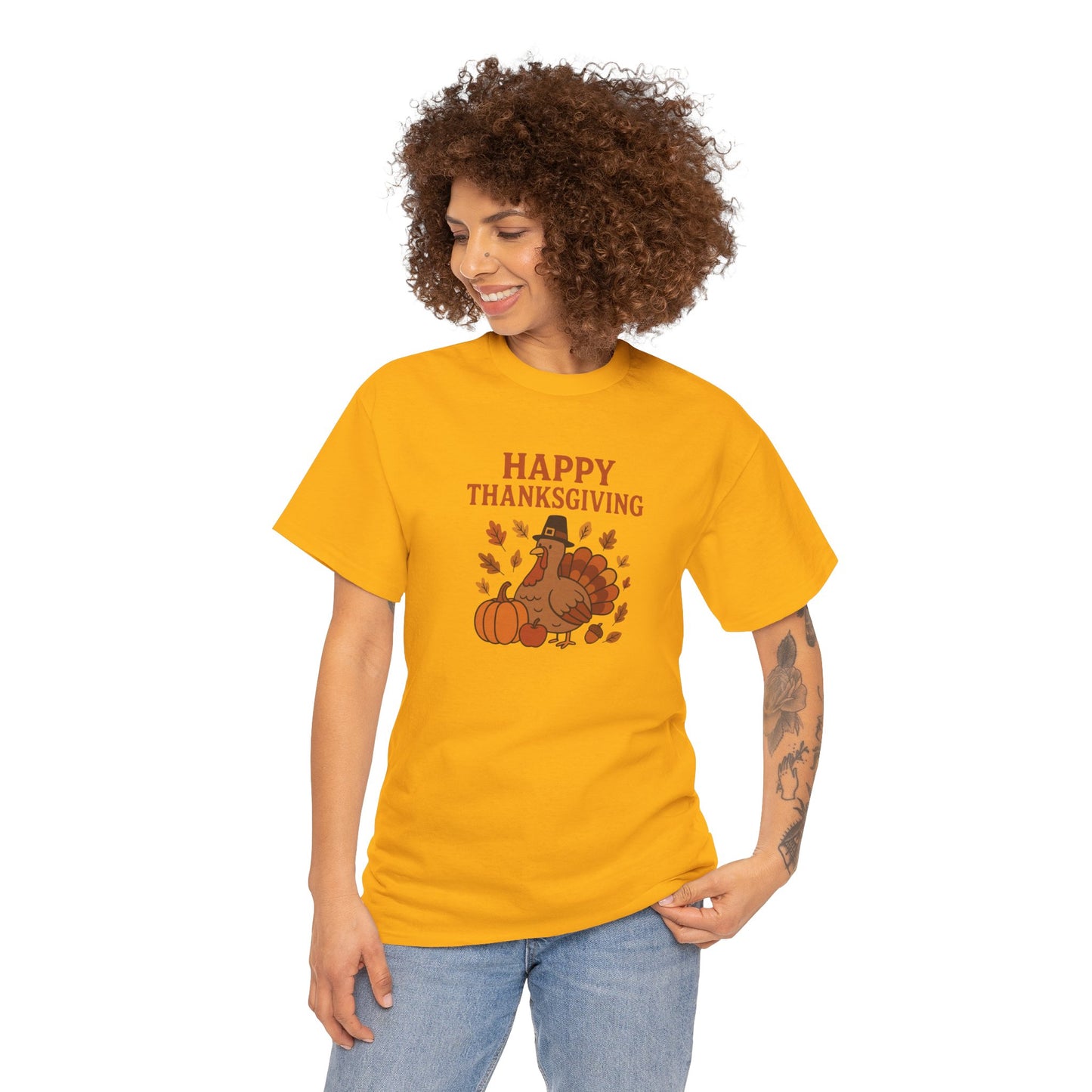 Thanksgiving Turkey T‑Shirt — "Happy Thanksgiving" Fall Pumpkin & Leaves Tee