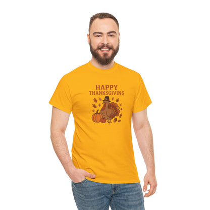 Thanksgiving Turkey T‑Shirt — "Happy Thanksgiving" Fall Pumpkin & Leaves Tee