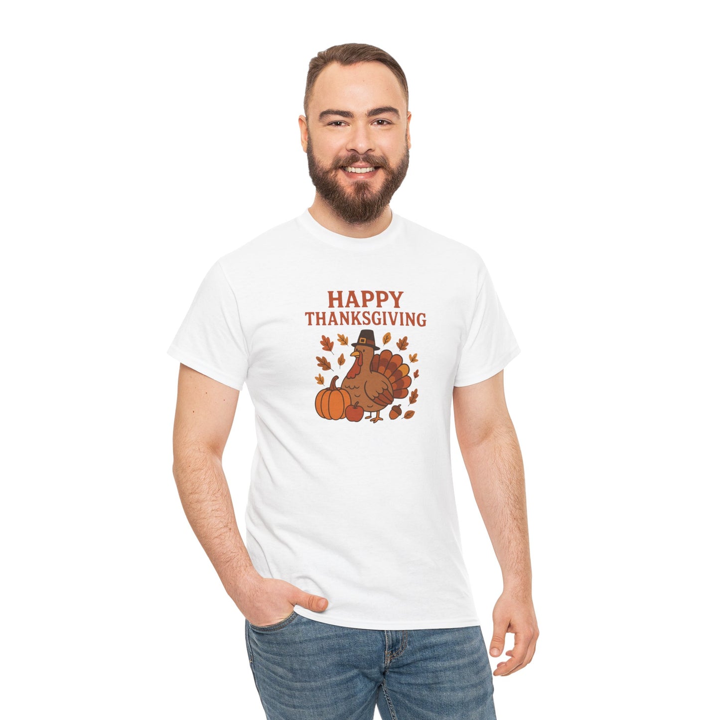 Thanksgiving Turkey T‑Shirt — "Happy Thanksgiving" Fall Pumpkin & Leaves Tee
