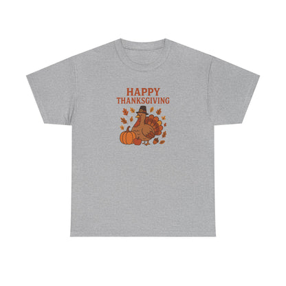Thanksgiving Turkey T‑Shirt — "Happy Thanksgiving" Fall Pumpkin & Leaves Tee