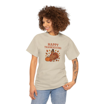 Thanksgiving Turkey T‑Shirt — "Happy Thanksgiving" Fall Pumpkin & Leaves Tee