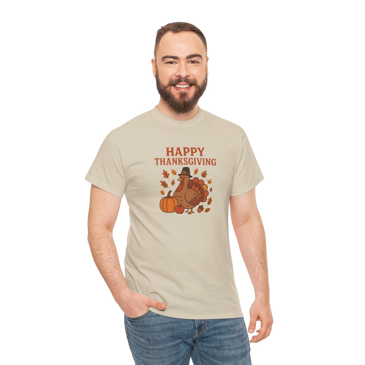 Thanksgiving Turkey T‑Shirt — "Happy Thanksgiving" Fall Pumpkin & Leaves Tee