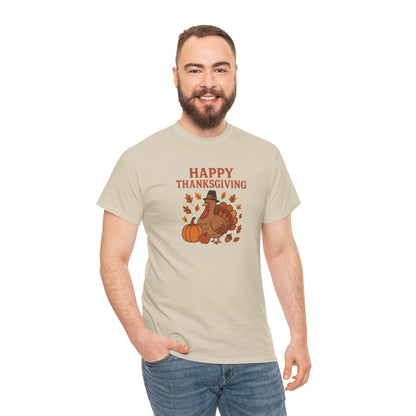Thanksgiving Turkey T‑Shirt — "Happy Thanksgiving" Fall Pumpkin & Leaves Tee