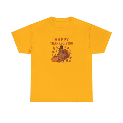 Thanksgiving Turkey T‑Shirt — "Happy Thanksgiving" Fall Pumpkin & Leaves Tee