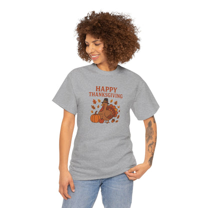Thanksgiving Turkey T‑Shirt — "Happy Thanksgiving" Fall Pumpkin & Leaves Tee