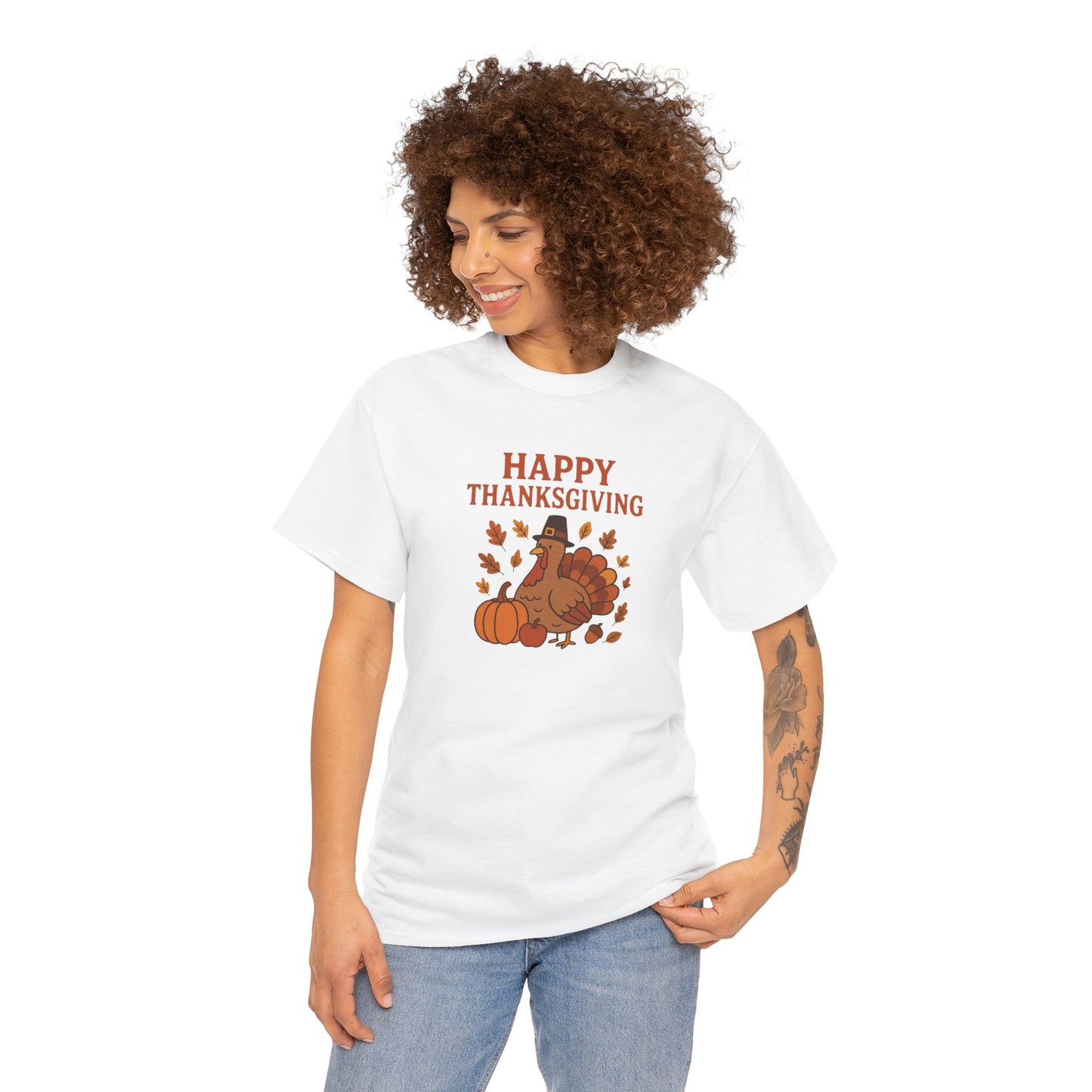 Thanksgiving Turkey T‑Shirt — "Happy Thanksgiving" Fall Pumpkin & Leaves Tee