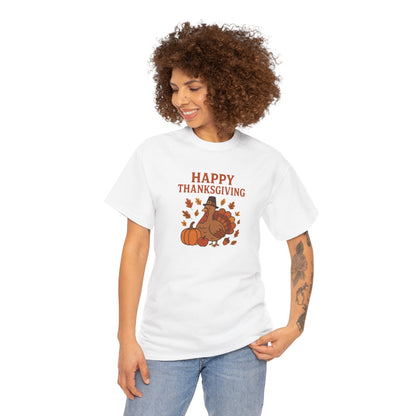 Thanksgiving Turkey T‑Shirt — "Happy Thanksgiving" Fall Pumpkin & Leaves Tee