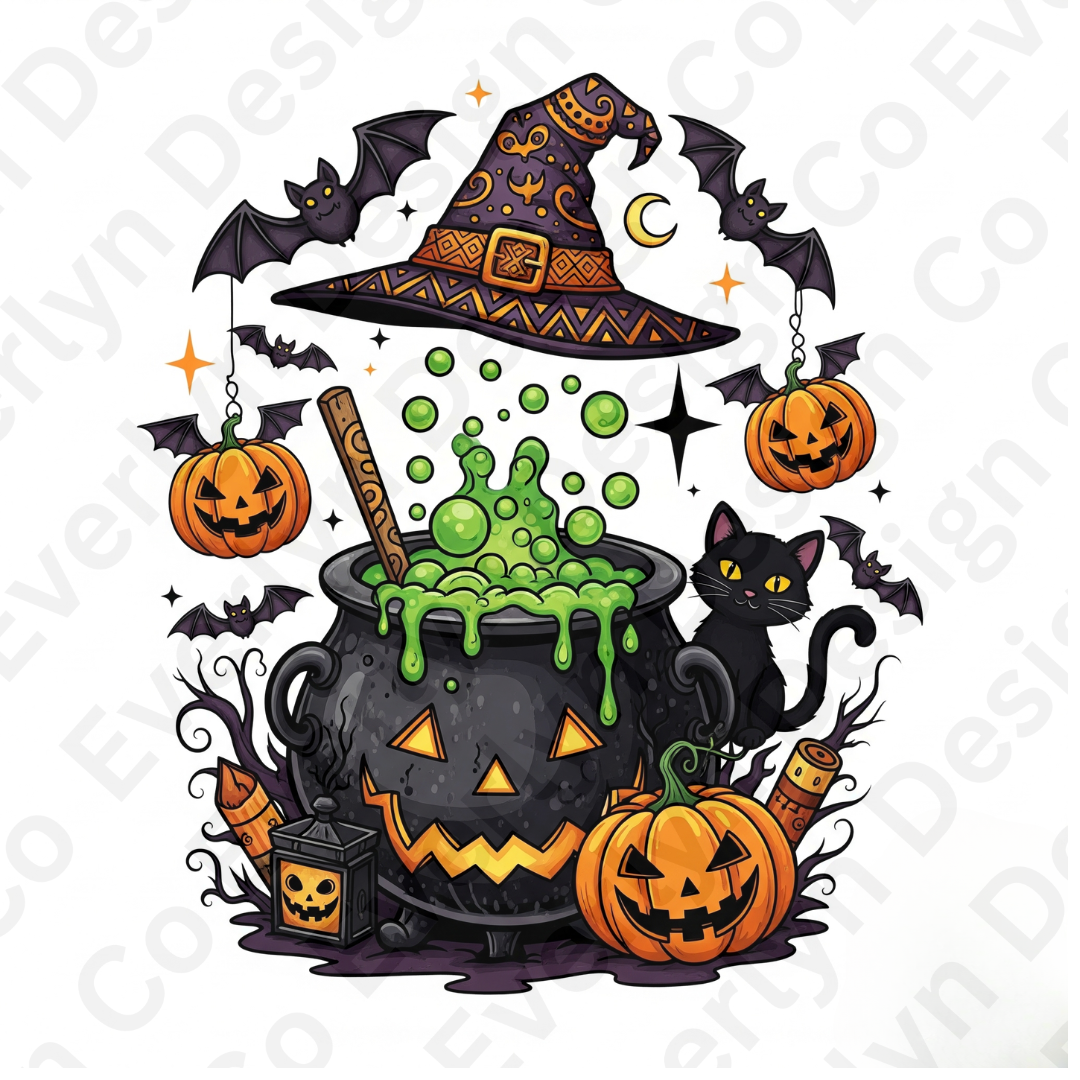 Witch Cauldron PNGs | Halloween Spooky Design | Magic Pumpkin Bat Black Cat Digital Art for Print & Sublimation