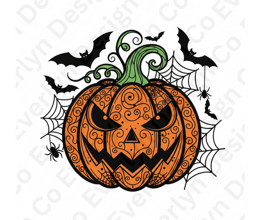 Spooky Pumpkin PNGs | Halloween Jack-o-Lantern with Bats & Spiders | Digital Download for Sublimation